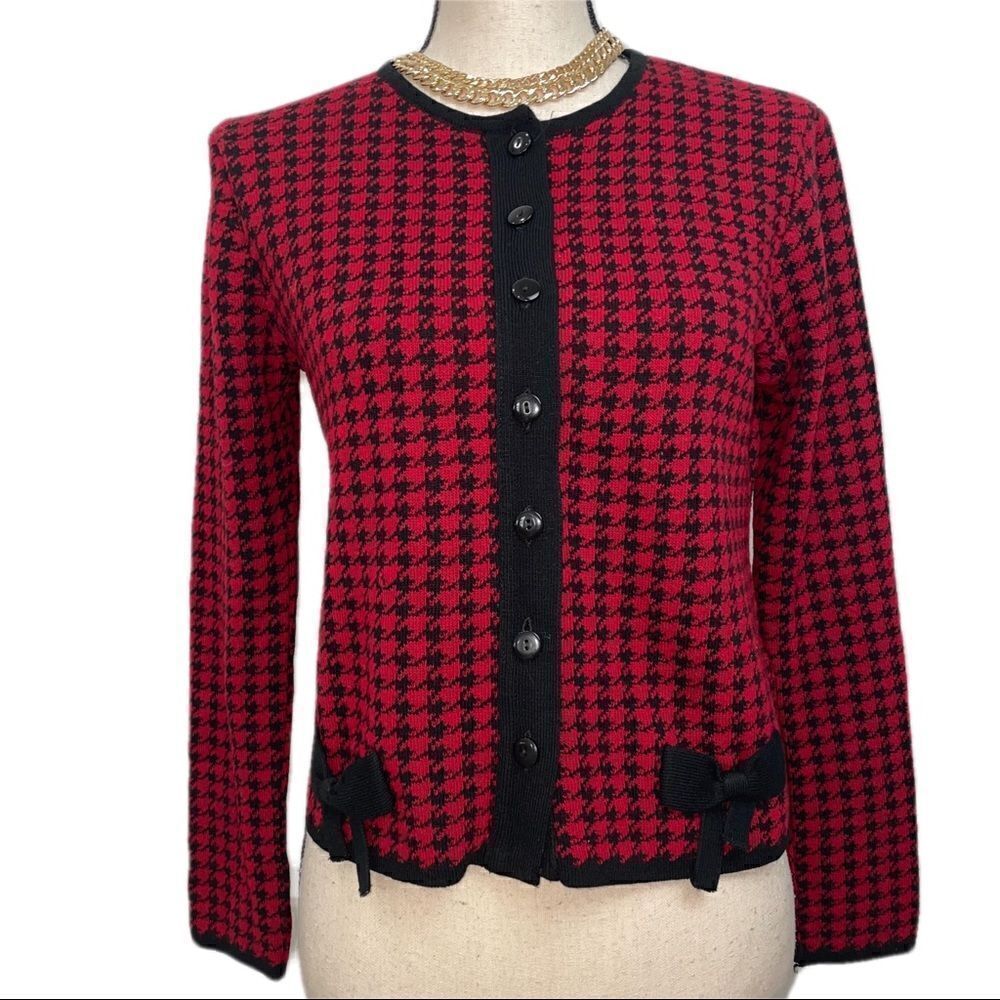 VINTAGE Dorby Woolen Houndstooth Black and Red Cardigan Sweater LIKE NEW!